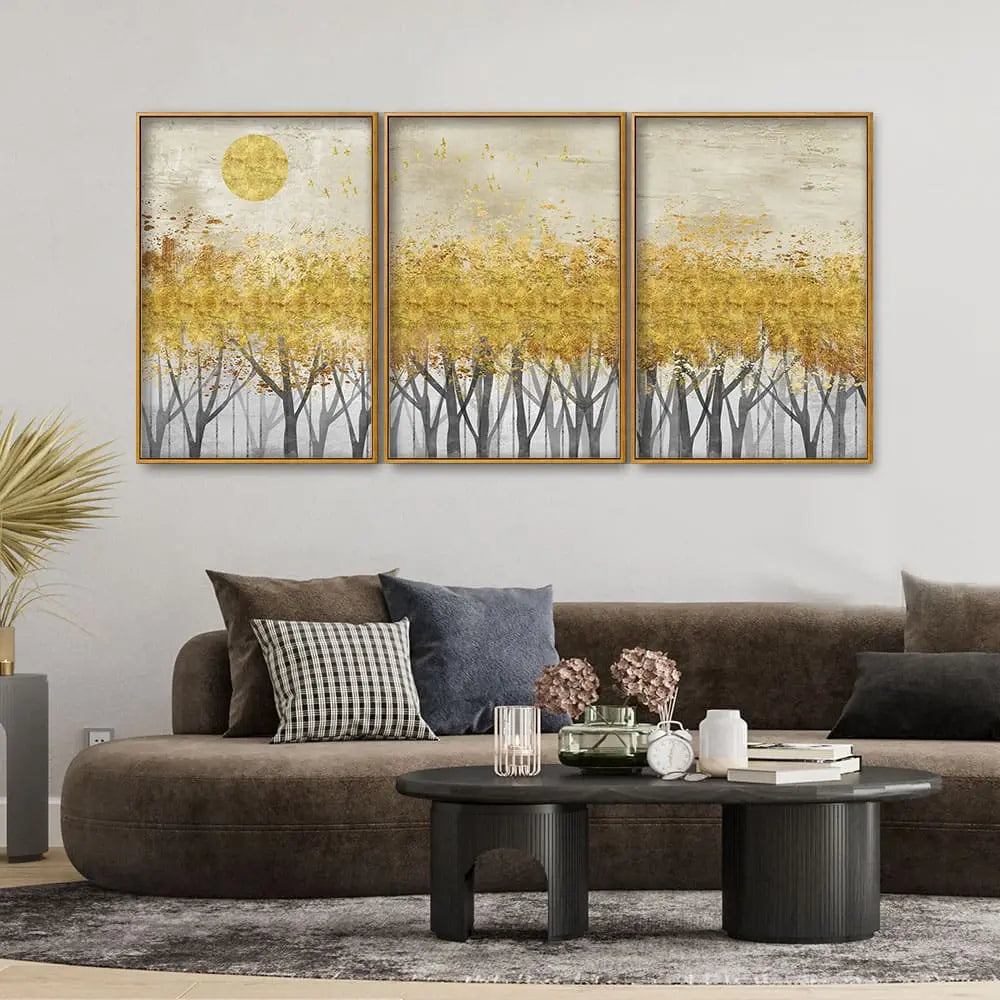 Abstract Forest Golden Leaf Art Premium Floating Canvas Wall Painting Set of Three DECORMANTRA