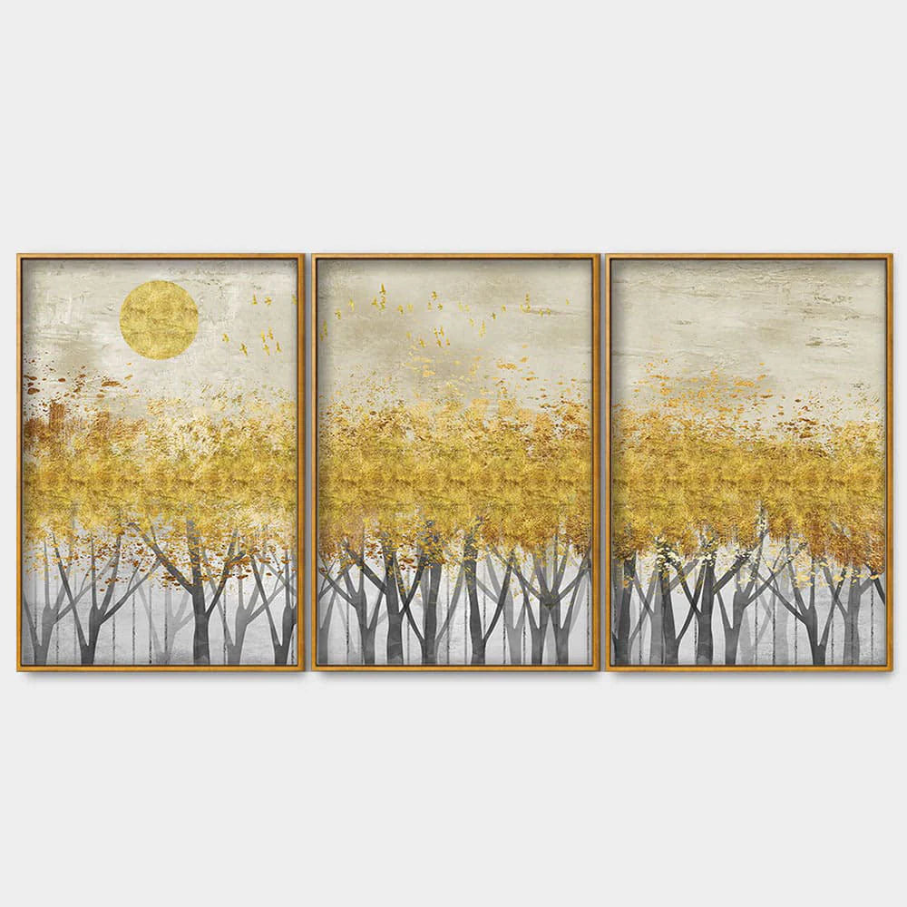 Abstract Forest Golden Leaf Art Premium Floating Canvas Wall Painting Set of Three DECORMANTRA