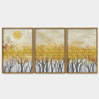 Abstract Forest Golden Leaf Art Premium Floating Canvas Wall Painting Set of Three DECORMANTRA