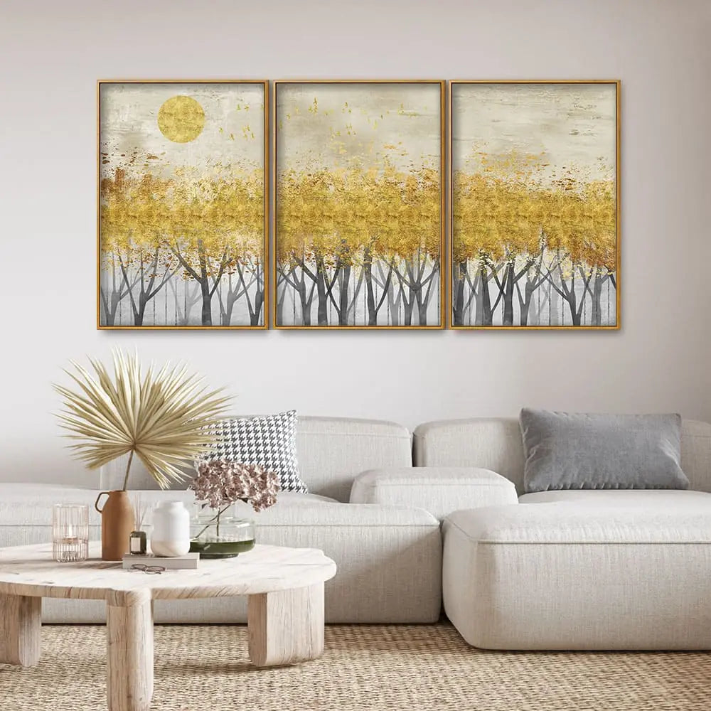 Abstract Forest Golden Leaf Art Premium Floating Canvas Wall Painting Set of Three DECORMANTRA