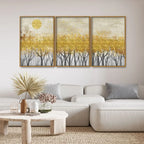 Abstract Forest Golden Leaf Art Premium Floating Canvas Wall Painting Set of Three DECORMANTRA