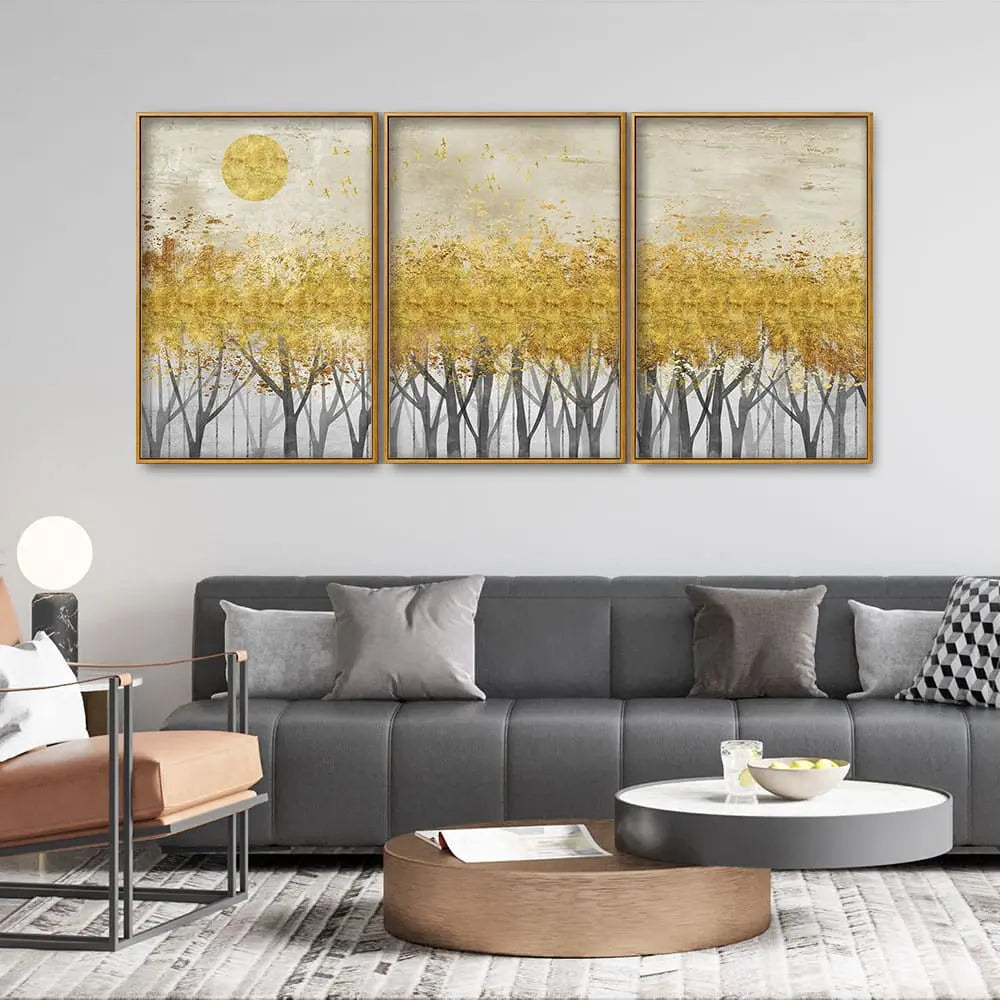 Abstract Forest Golden Leaf Art Premium Floating Canvas Wall Painting Set of Three DECORMANTRA