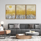 Abstract Forest Golden Leaf Art Premium Floating Canvas Wall Painting Set of Three DECORMANTRA