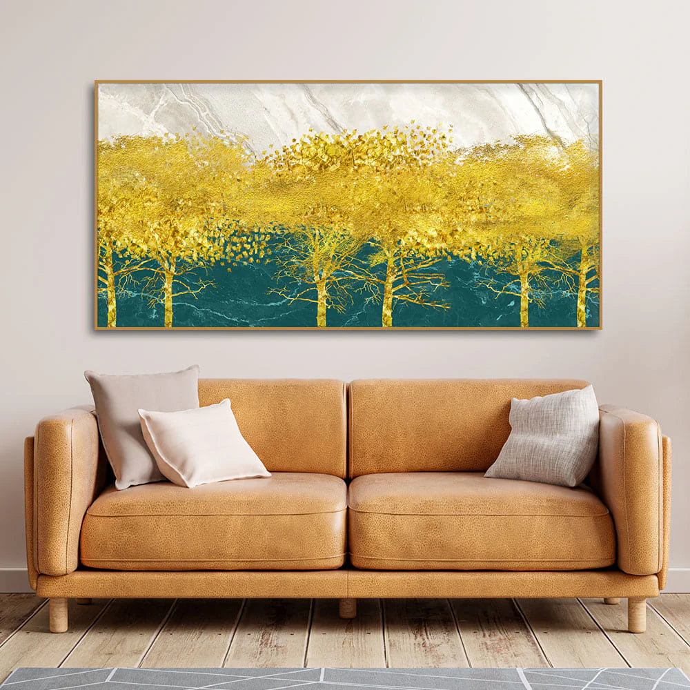 Abstract Forest with Golden Tree Premium Canvas Wall Painting DECORMANTRA
