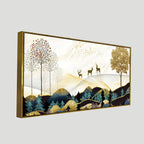 Abstract Golden Landscape Trees with Golden Deer Canvas Wall Painting DECORMANTRA