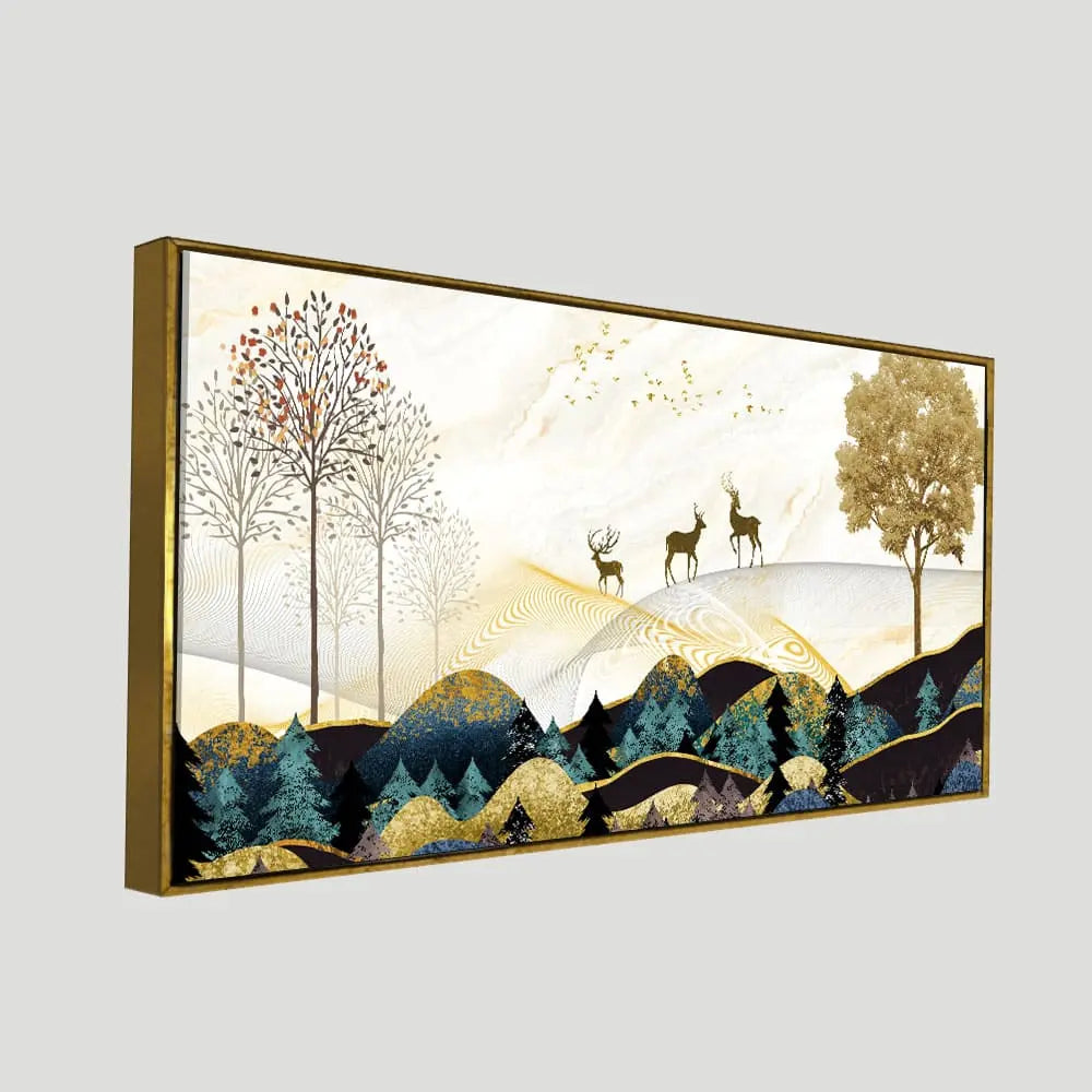 Abstract Golden Landscape Trees with Golden Deer Canvas Wall Painting DECORMANTRA