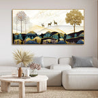 Abstract Golden Landscape Trees with Golden Deer Canvas Wall Painting DECORMANTRA