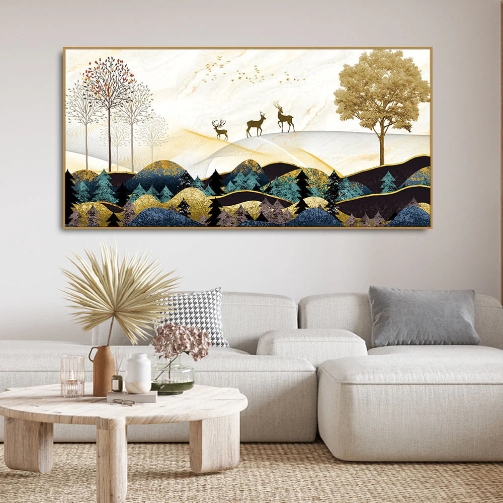 Abstract Golden Landscape Trees with Golden Deer Canvas Wall Painting DECORMANTRA
