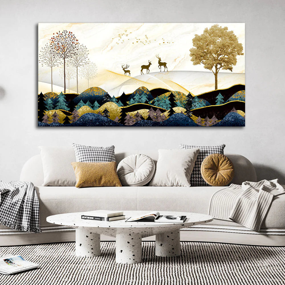 Abstract Golden Landscape Trees with Golden Deer Canvas Wall Painting DECORMANTRA