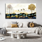 Abstract Golden Landscape Trees with Golden Deer Canvas Wall Painting DECORMANTRA