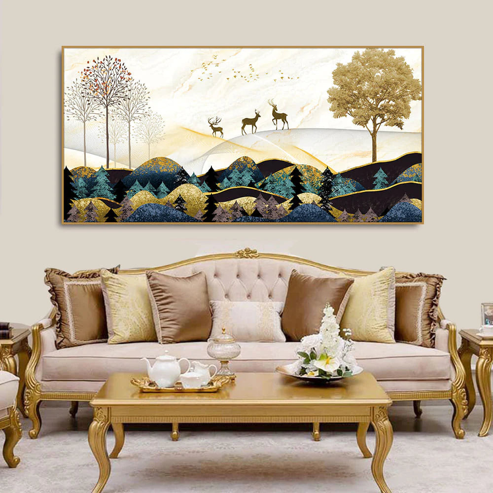 Abstract Golden Landscape Trees with Golden Deer Canvas Wall Painting DECORMANTRA