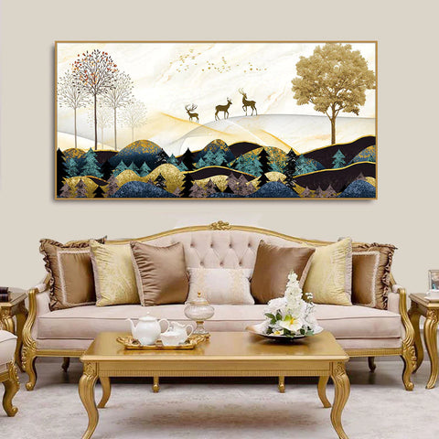 Abstract Golden Landscape Trees with Golden Deer Canvas Wall Painting