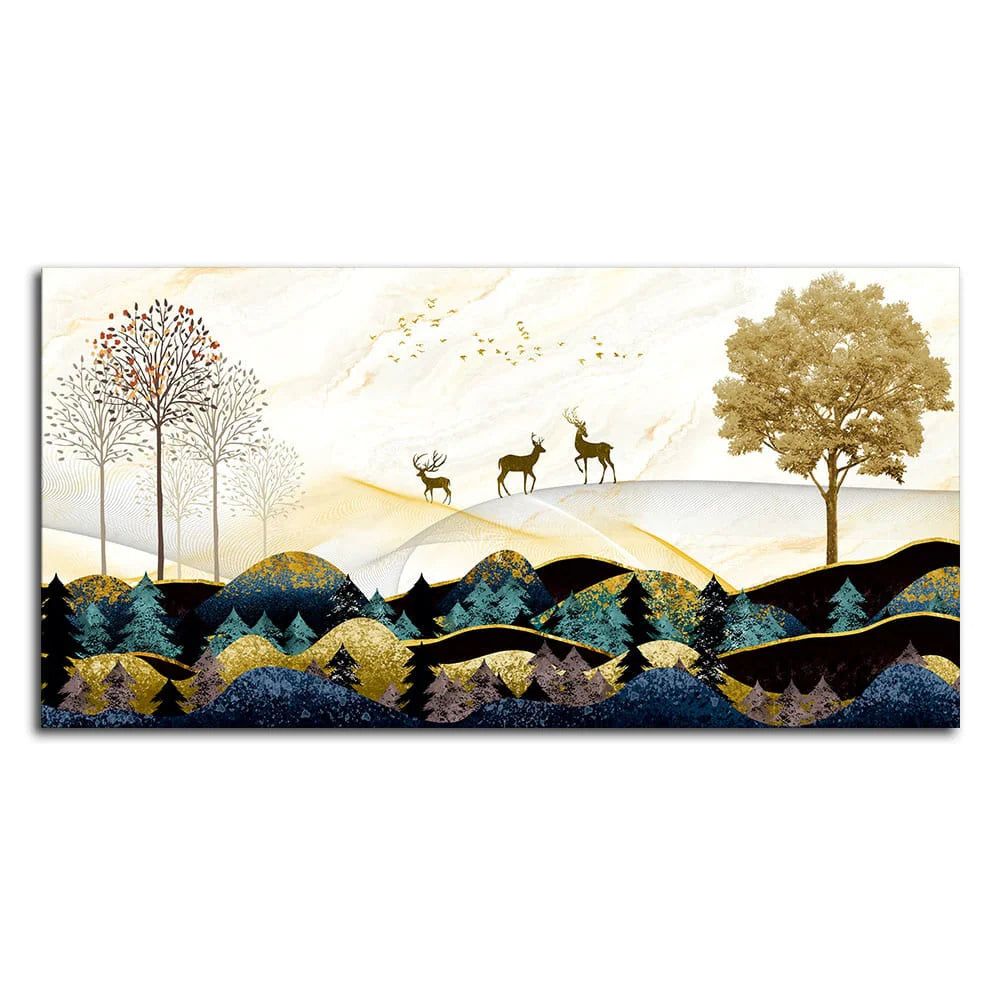 Abstract Golden Landscape Trees with Golden Deer Canvas Wall Painting DECORMANTRA