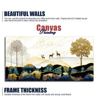 Abstract Golden Landscape Trees with Golden Deer Canvas Wall Painting DECORMANTRA