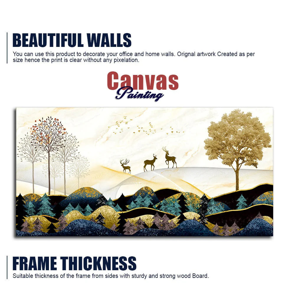 Abstract Golden Landscape Trees with Golden Deer Canvas Wall Painting DECORMANTRA