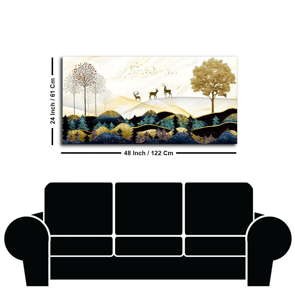 Abstract Golden Landscape Trees with Golden Deer Canvas Wall Painting DECORMANTRA