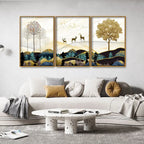 Abstract Golden Landscape Trees with Golden Deer Floating Canvas Wall Painting Set of Three Decor Mantra
