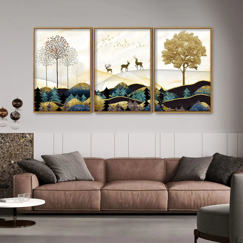 Abstract Golden Landscape Trees with Golden Deer Floating Canvas Wall Painting Set of Three Decor Mantra