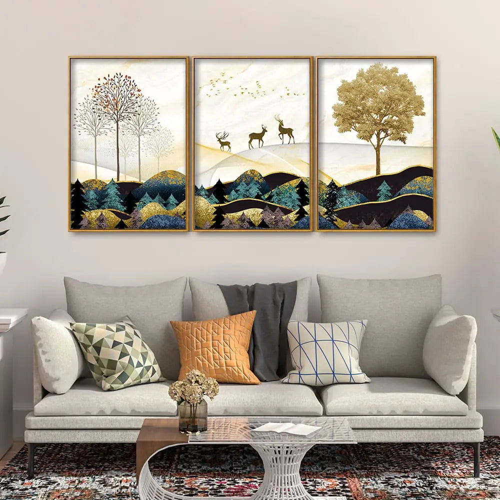 Abstract Golden Landscape Trees with Golden Deer Floating Canvas Wall Painting Set of Three Decor Mantra