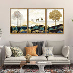 Abstract Golden Landscape Trees with Golden Deer Floating Canvas Wall Painting Set of Three DECORMANTRA
