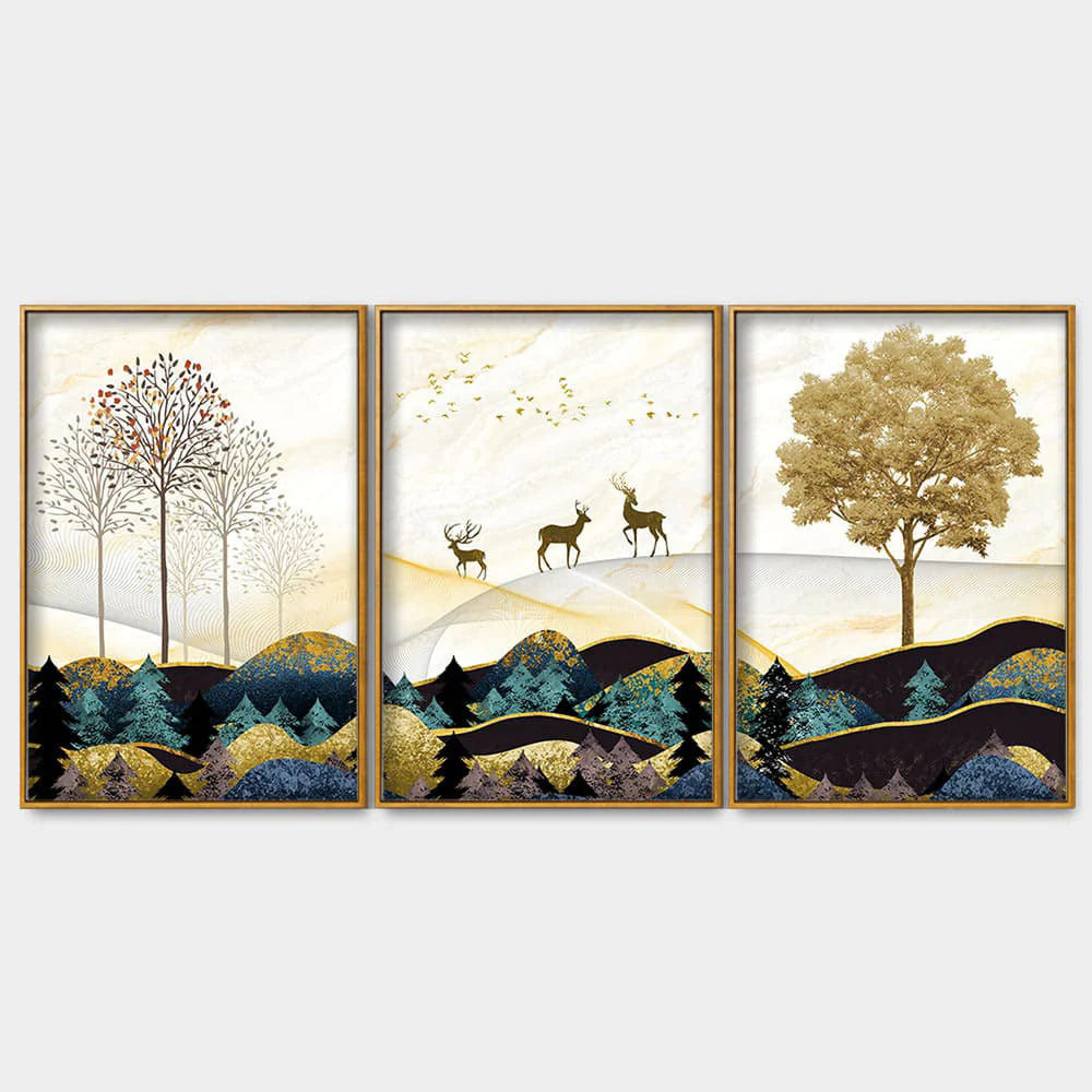 Abstract Golden Landscape Trees with Golden Deer Floating Canvas Wall Painting Set of Three DECORMANTRA