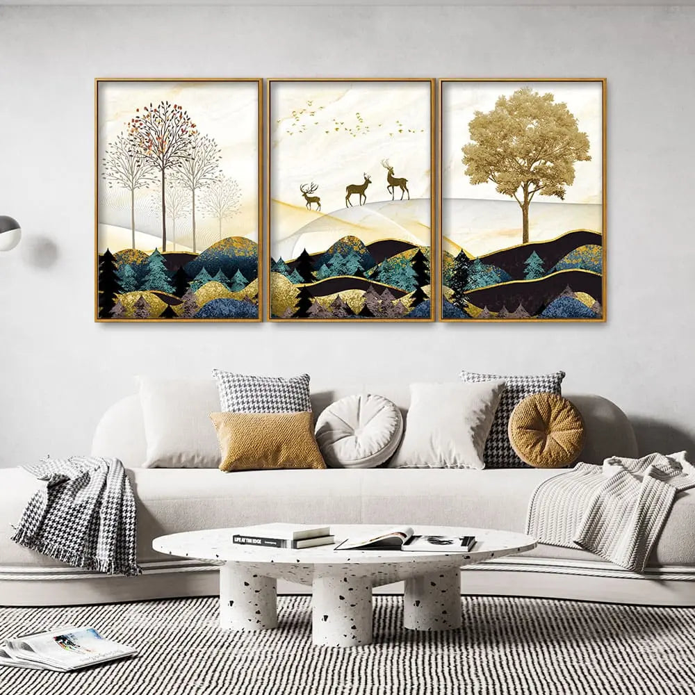 Abstract Golden Landscape Trees with Golden Deer Floating Canvas Wall Painting Set of Three DECORMANTRA