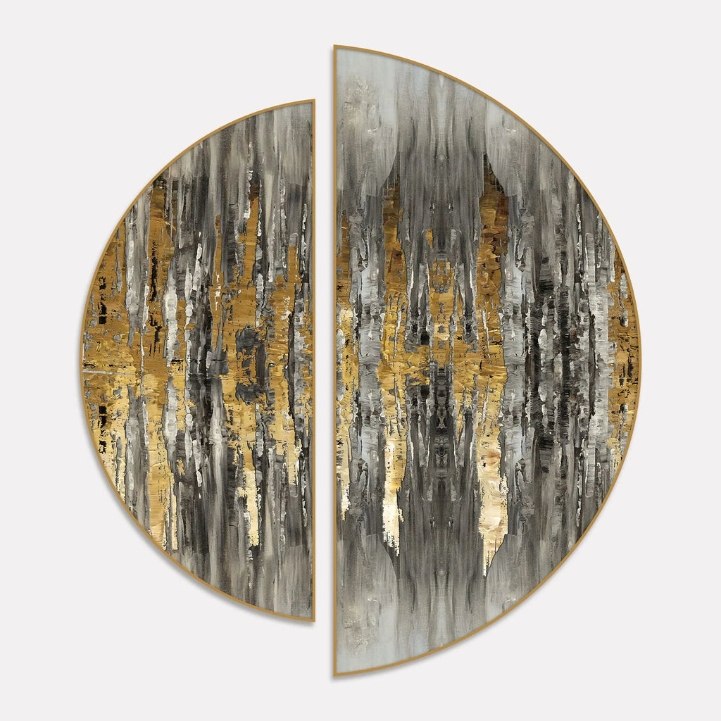 Abstract Golden and Silver Pattern Art Semi Circle Frames Set Of 2 Decor Mantra