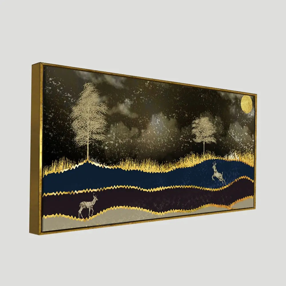 Abstract Midnight Golden Scenery with Deer Canvas Wall Painting DECORMANTRA