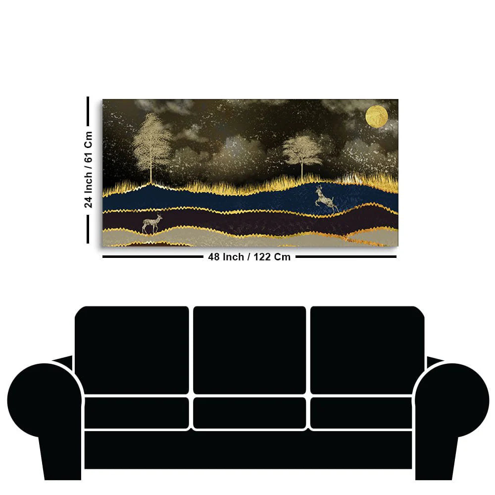 Abstract Midnight Golden Scenery with Deer Canvas Wall Painting DECORMANTRA