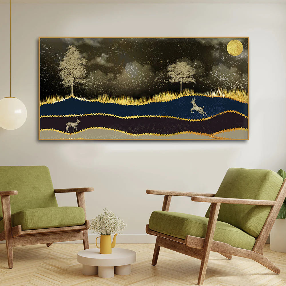 Abstract Midnight Golden Scenery with Deer Canvas Wall Painting DECORMANTRA