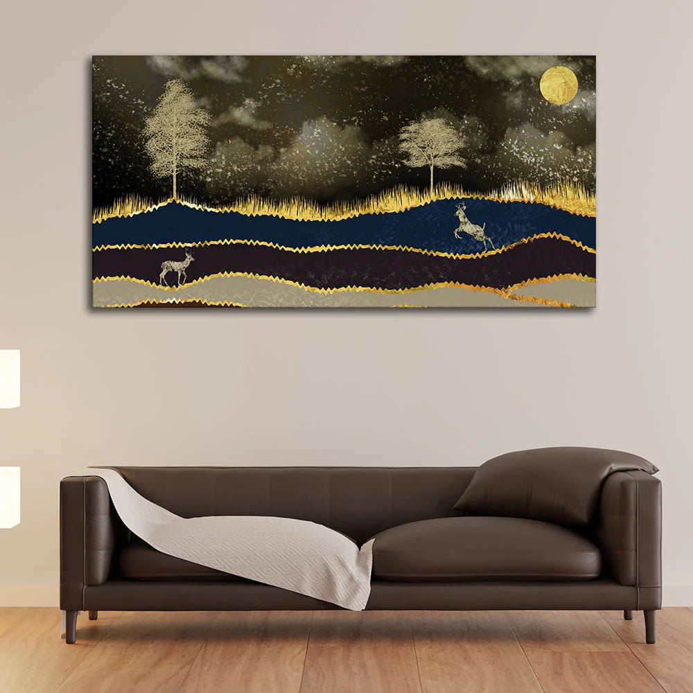 Abstract Midnight Golden Scenery with Deer Canvas Wall Painting DECORMANTRA