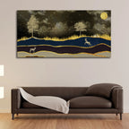 Abstract Midnight Golden Scenery with Deer Canvas Wall Painting DECORMANTRA