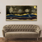 Abstract Midnight Golden Scenery with Deer Canvas Wall Painting DECORMANTRA