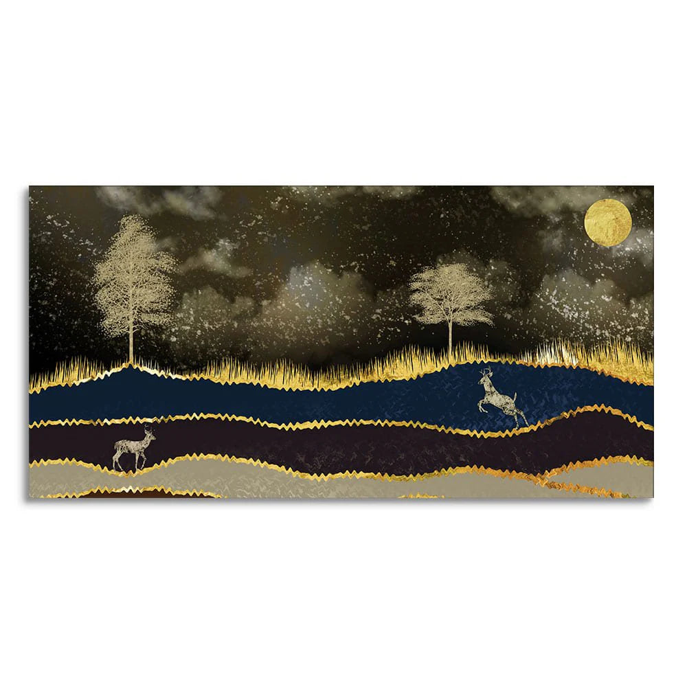 Abstract Midnight Golden Scenery with Deer Canvas Wall Painting DECORMANTRA