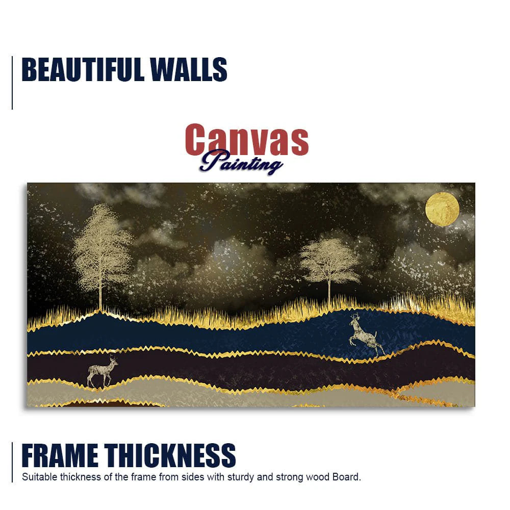 Abstract Midnight Golden Scenery with Deer Canvas Wall Painting DECORMANTRA