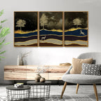 Abstract Midnight Golden Scenery with Deer Floating Canvas Wall Painting Set of Three DECORMANTRA