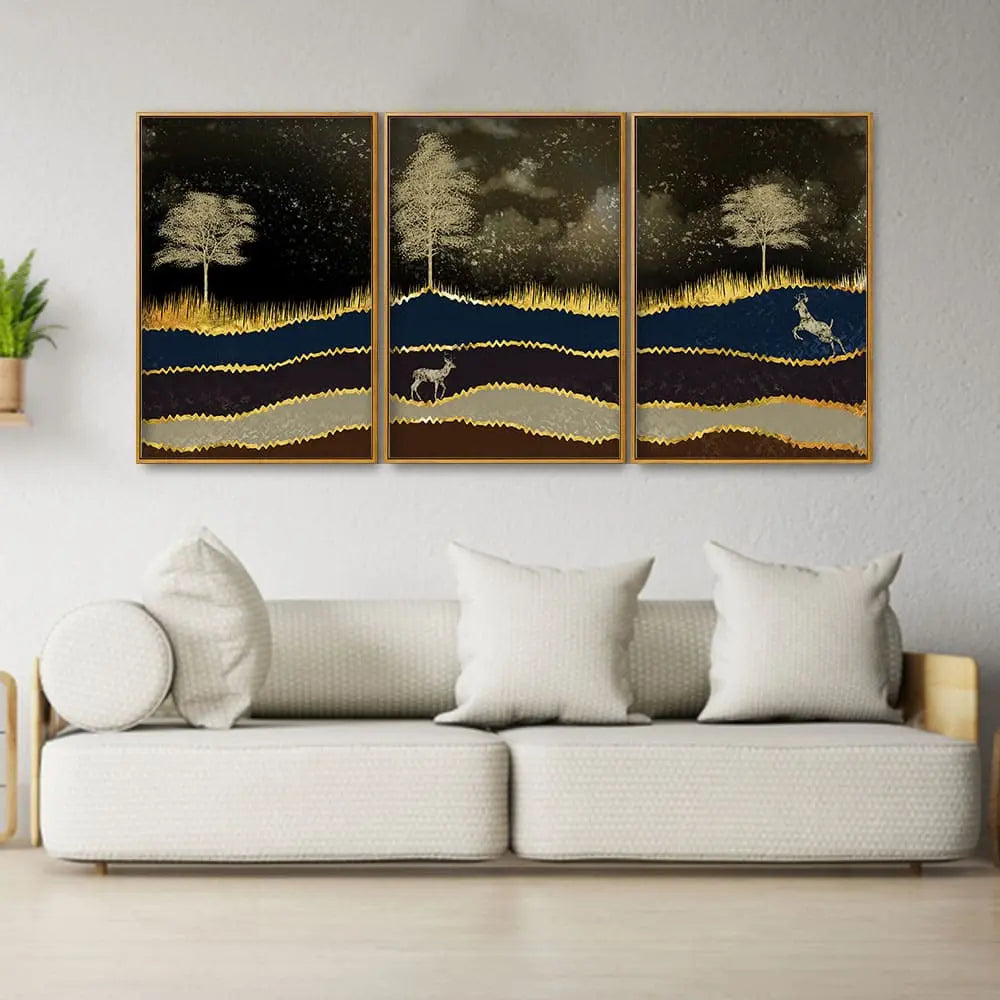 Abstract Midnight Golden Scenery with Deer Floating Canvas Wall Painting Set of Three DECORMANTRA