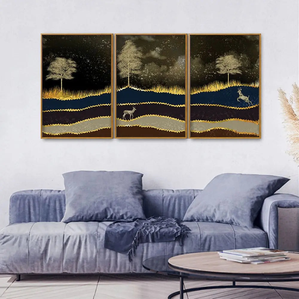 Abstract Midnight Golden Scenery with Deer Floating Canvas Wall Painting Set of Three DECORMANTRA