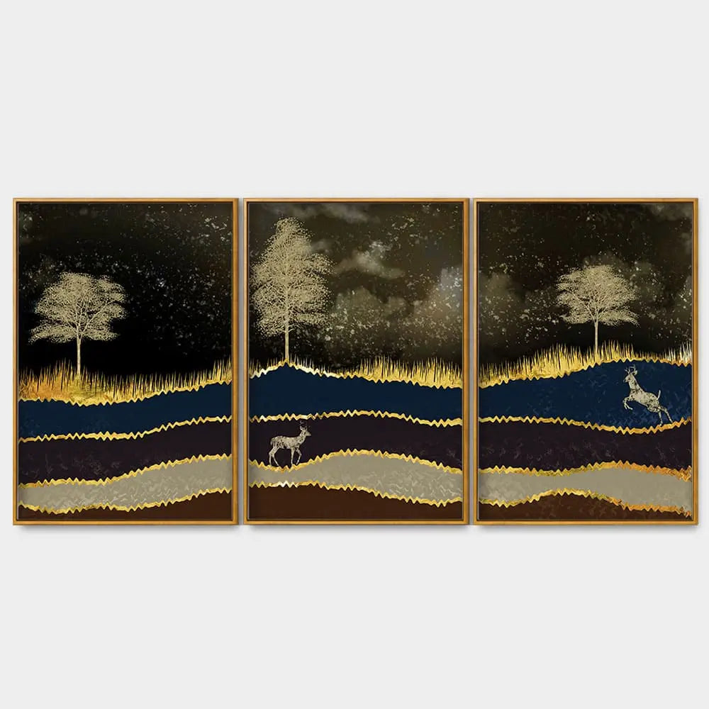 Abstract Midnight Golden Scenery with Deer Floating Canvas Wall Painting Set of Three DECORMANTRA