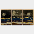 Abstract Midnight Golden Scenery with Deer Floating Canvas Wall Painting Set of Three DECORMANTRA