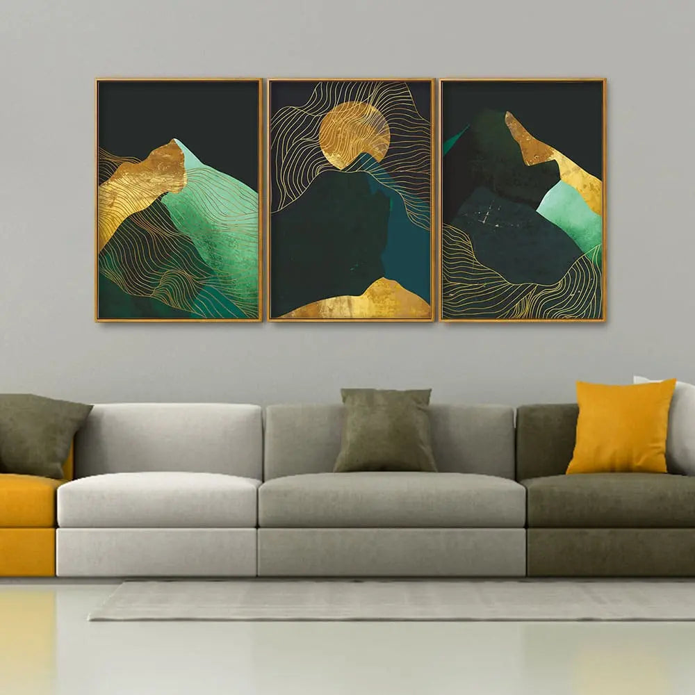 Abstract Mountains and Line Art Floating Canvas Wall Painting Set of Three DECORMANTRA