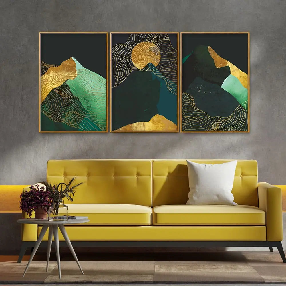 Abstract Mountains and Line Art Floating Canvas Wall Painting Set of Three DECORMANTRA