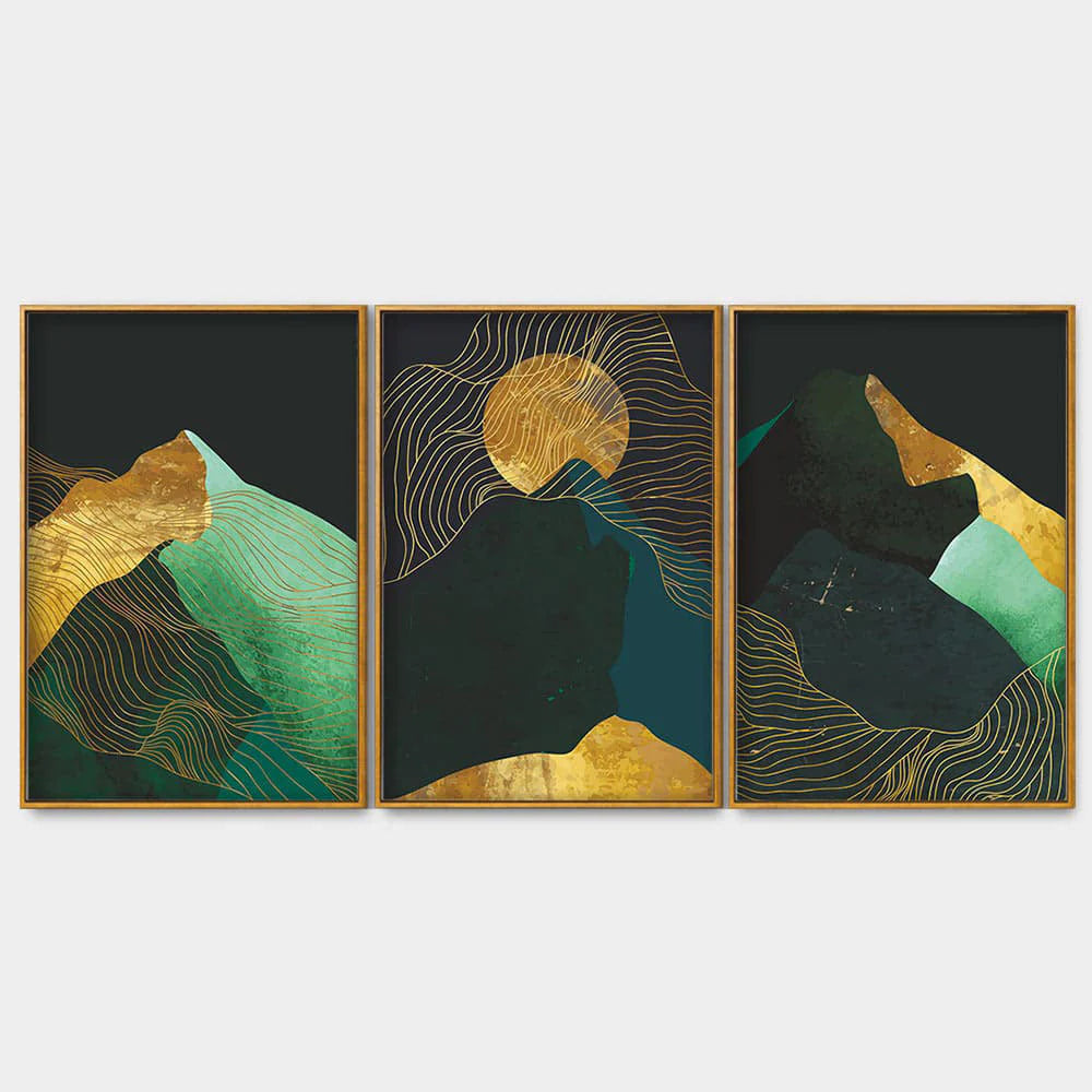 Abstract Mountains and Line Art Floating Canvas Wall Painting Set of Three DECORMANTRA