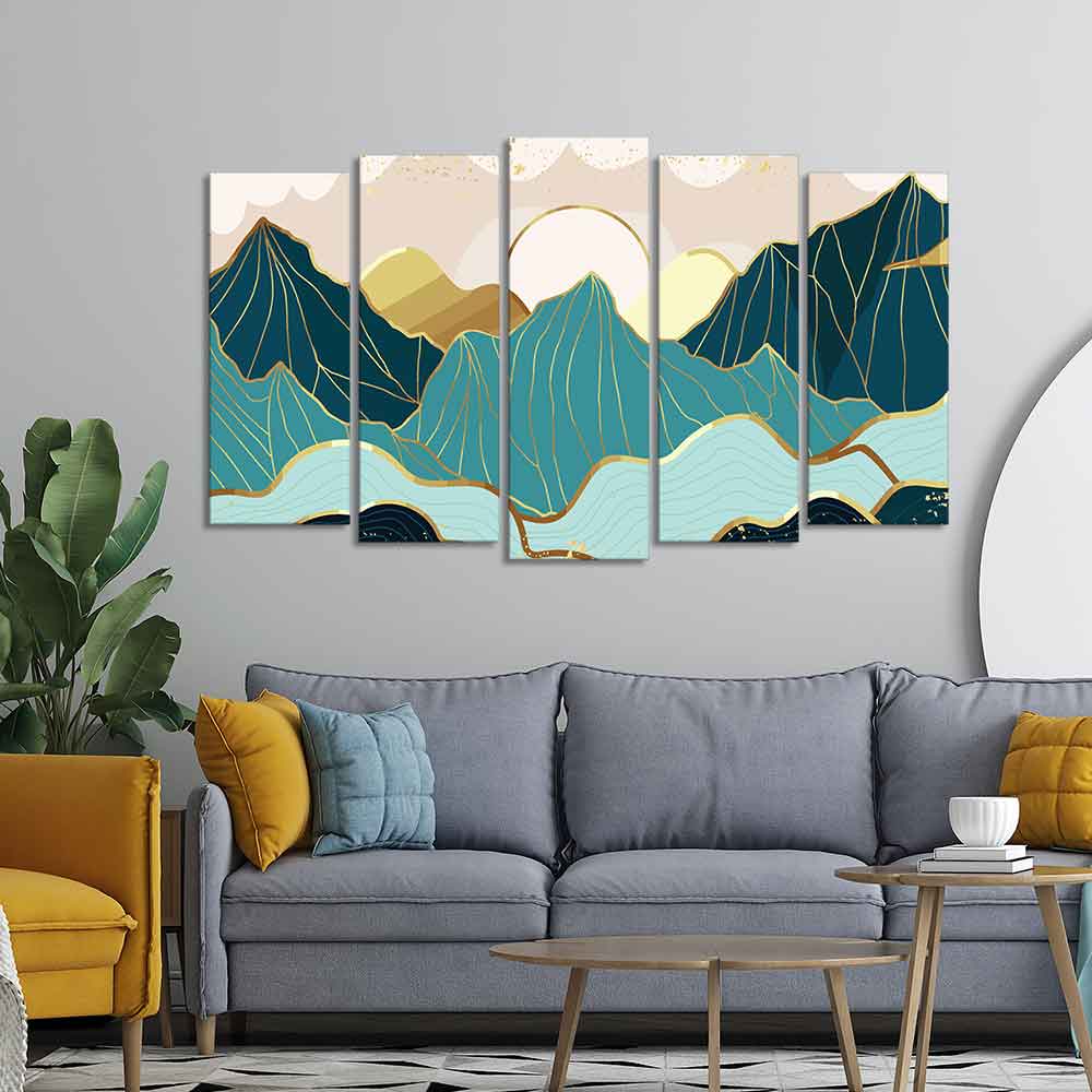 Abstract Mountains with Sunrise Background 5 Pieces Canvas Wall Painting DECORMANTRA