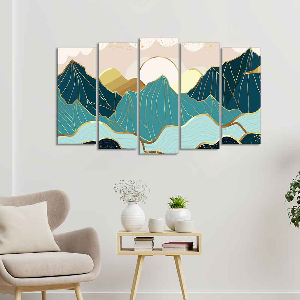 Abstract Mountains with Sunrise Background 5 Pieces Canvas Wall Painting DECORMANTRA