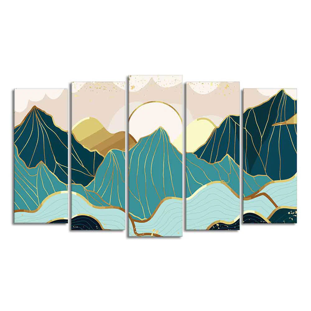 Abstract Mountains with Sunrise Background 5 Pieces Canvas Wall Painting DECORMANTRA