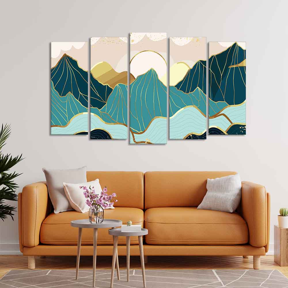 Abstract Mountains with Sunrise Background 5 Pieces Canvas Wall Painting DECORMANTRA