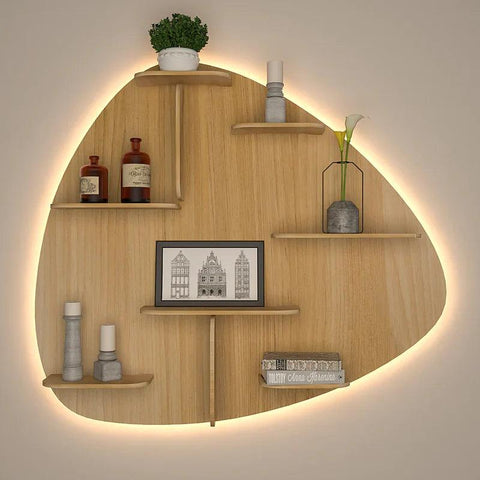 Abstract Shape Backlit Designer Wooden Wall Shelf / Book Shelf / Night Light, Light Oak Finish - Decor Mantra 