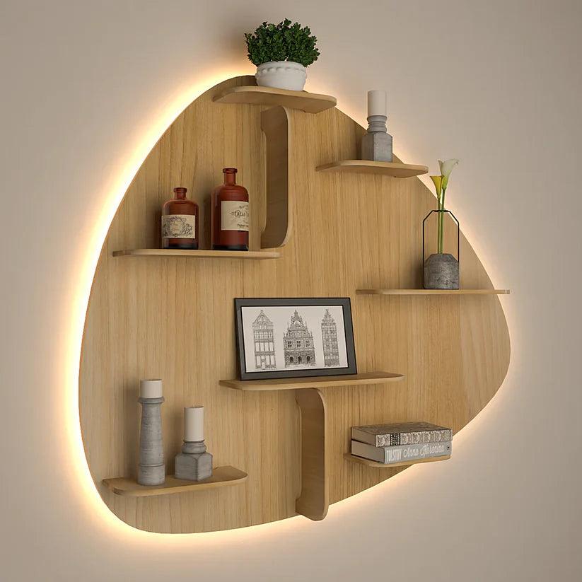 Abstract Shape Backlit Designer Wooden Wall Shelf / Book Shelf / Night Light, Light Oak Finish - Decor Mantra 