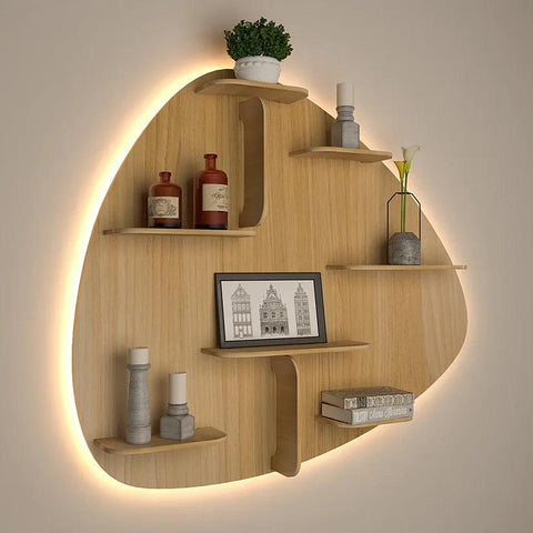 Abstract Shape Backlit Designer Wooden Wall Shelf / Book Shelf / Night Light, Light Oak Finish - Decor Mantra 